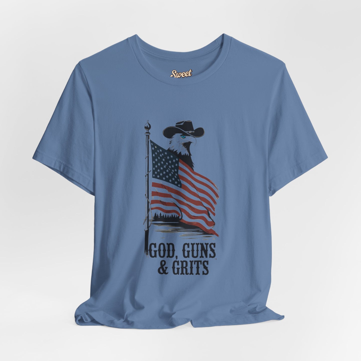 Patriotic Unisex Tee - "God, Guns & Grits" - Perfect for 4th of July and Outdoor Adventures