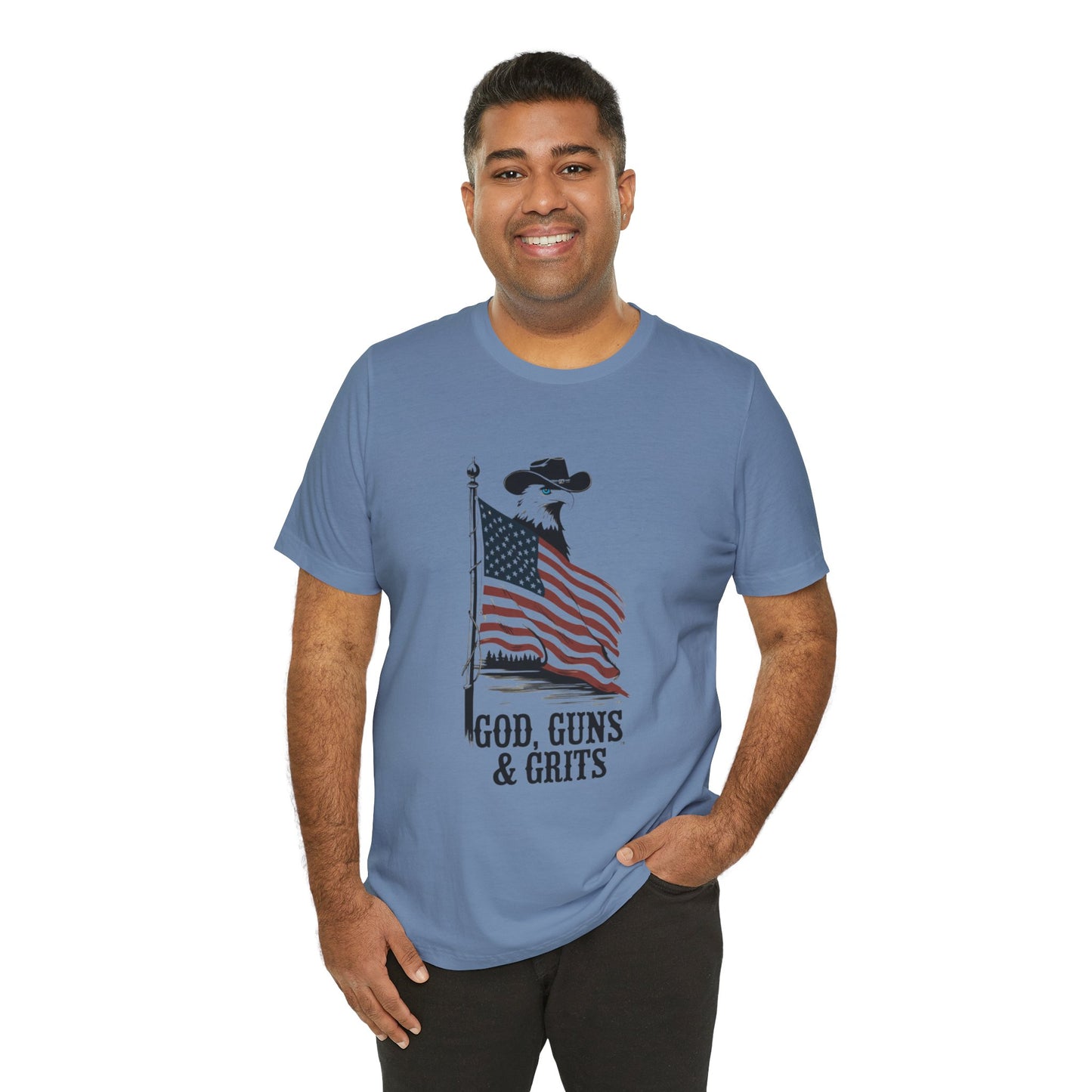 Patriotic Unisex Tee - "God, Guns & Grits" - Perfect for 4th of July and Outdoor Adventures