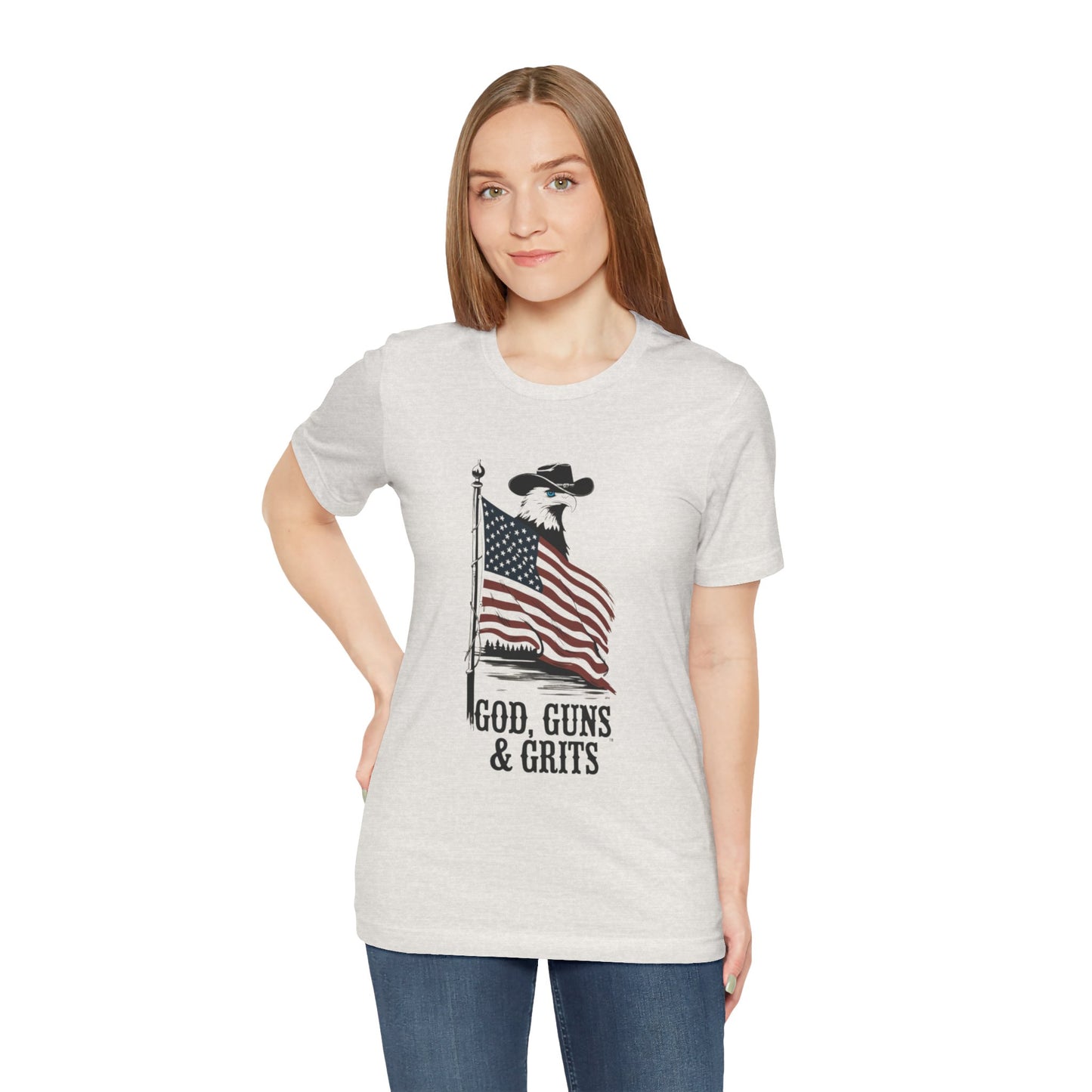 Patriotic Unisex Tee - "God, Guns & Grits" - Perfect for 4th of July and Outdoor Adventures