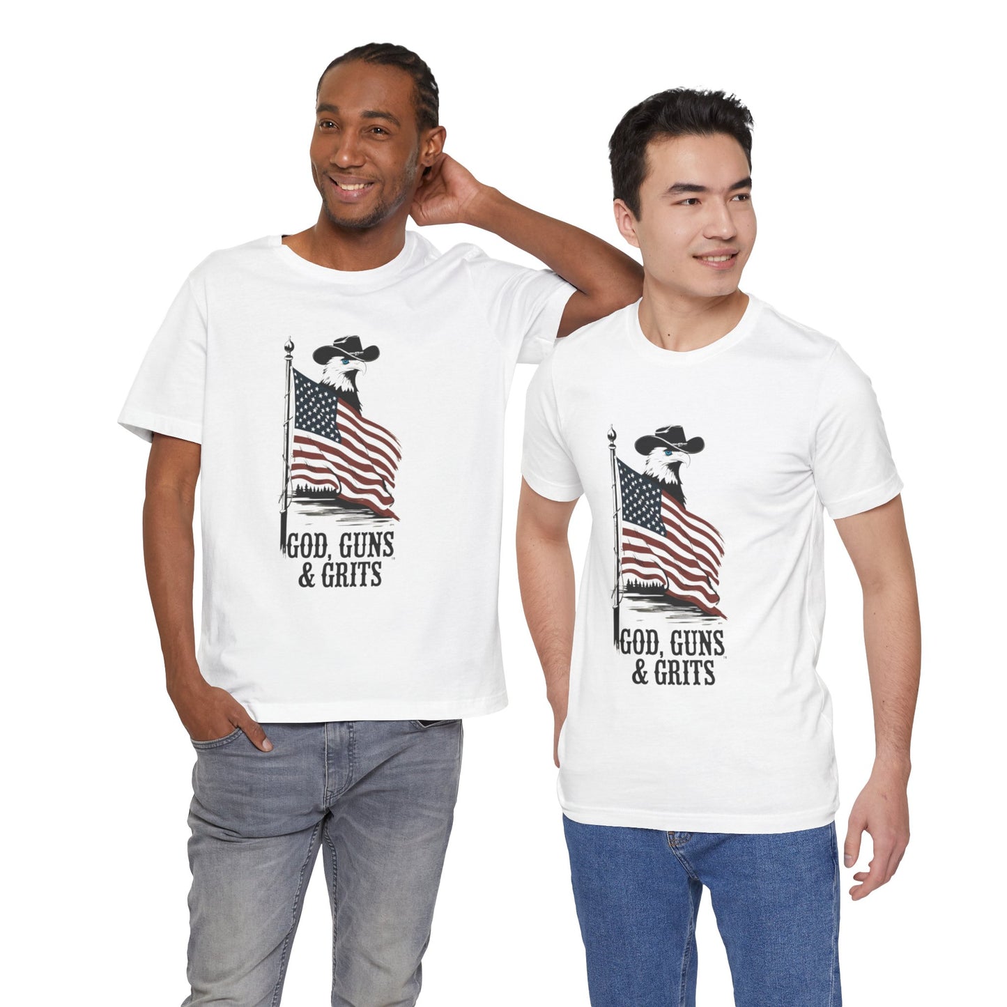 Patriotic Unisex Tee - "God, Guns & Grits" - Perfect for 4th of July and Outdoor Adventures