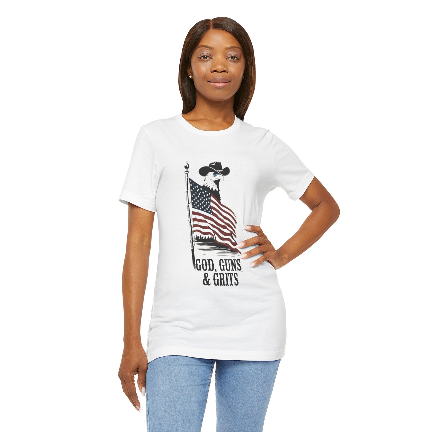 Patriotic Unisex Tee - "God, Guns & Grits" - Perfect for 4th of July and Outdoor Adventures