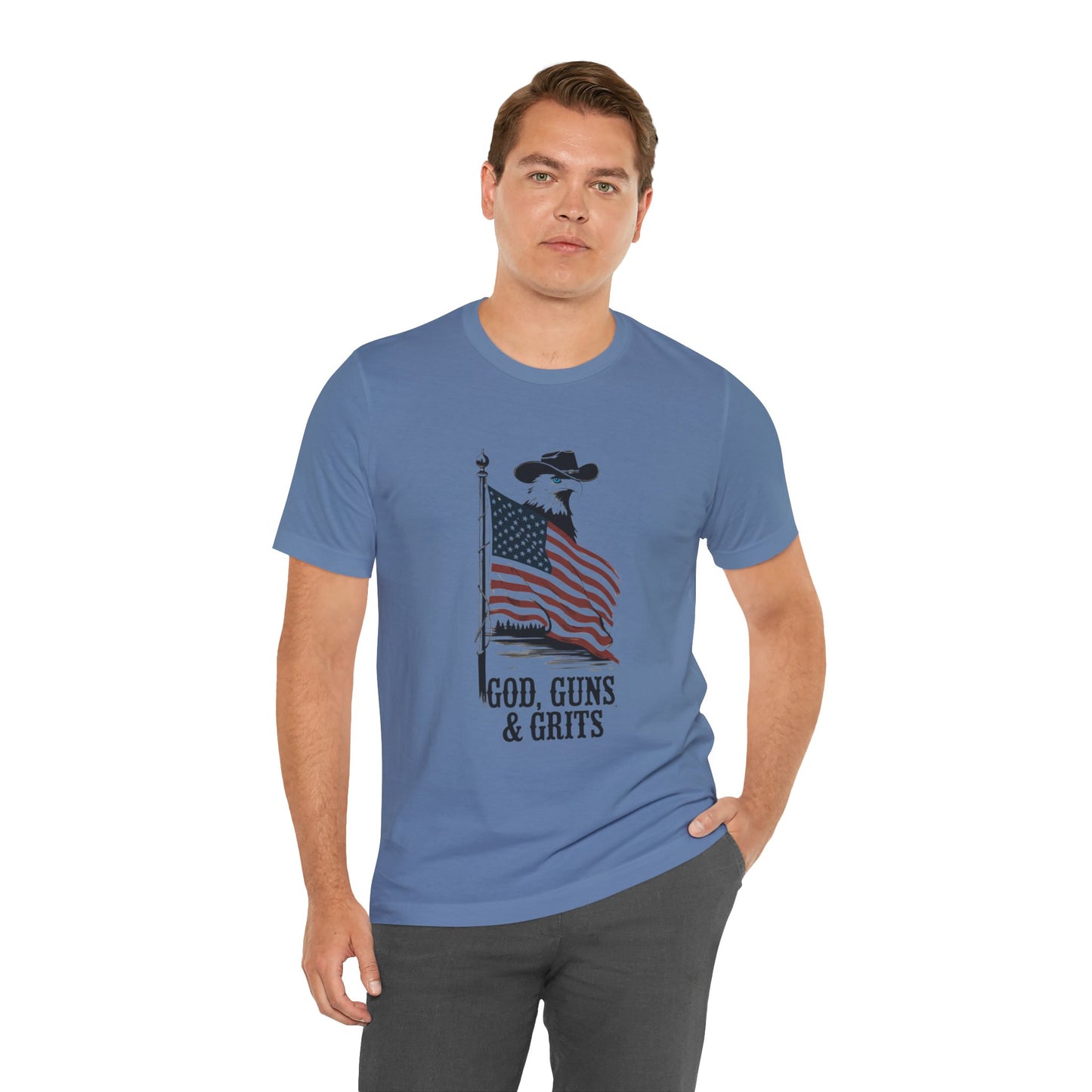 Patriotic Unisex Tee - "God, Guns & Grits" - Perfect for 4th of July and Outdoor Adventures