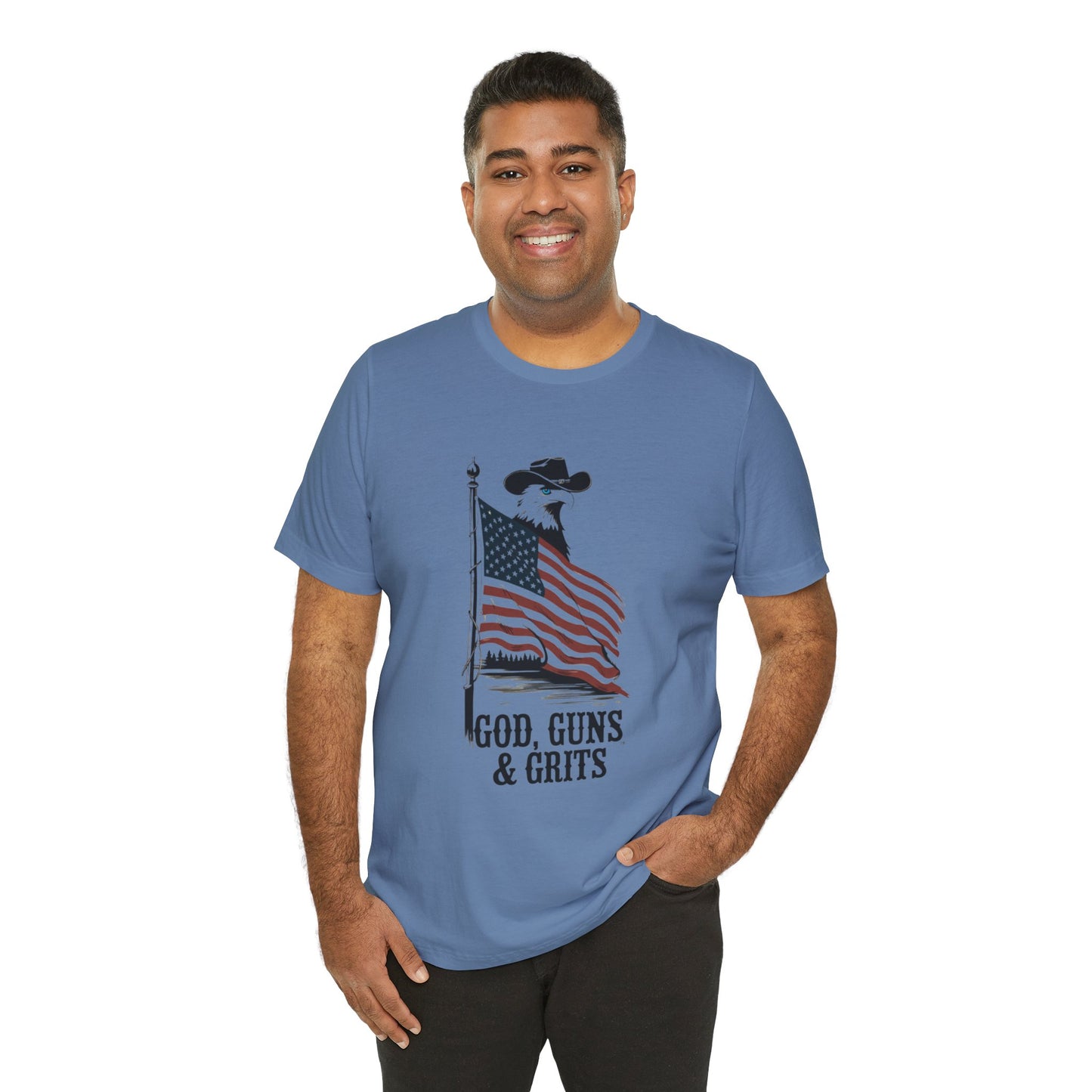 Patriotic Unisex Tee - "God, Guns & Grits" - Perfect for 4th of July and Outdoor Adventures