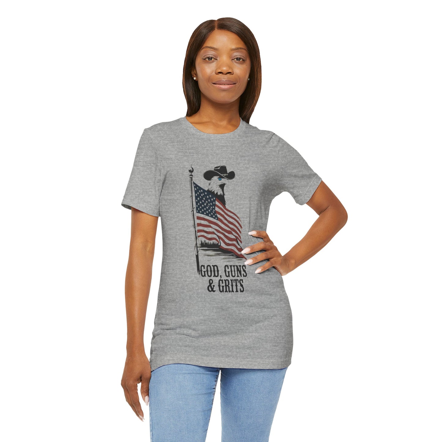 Patriotic Unisex Tee - "God, Guns & Grits" - Perfect for 4th of July and Outdoor Adventures