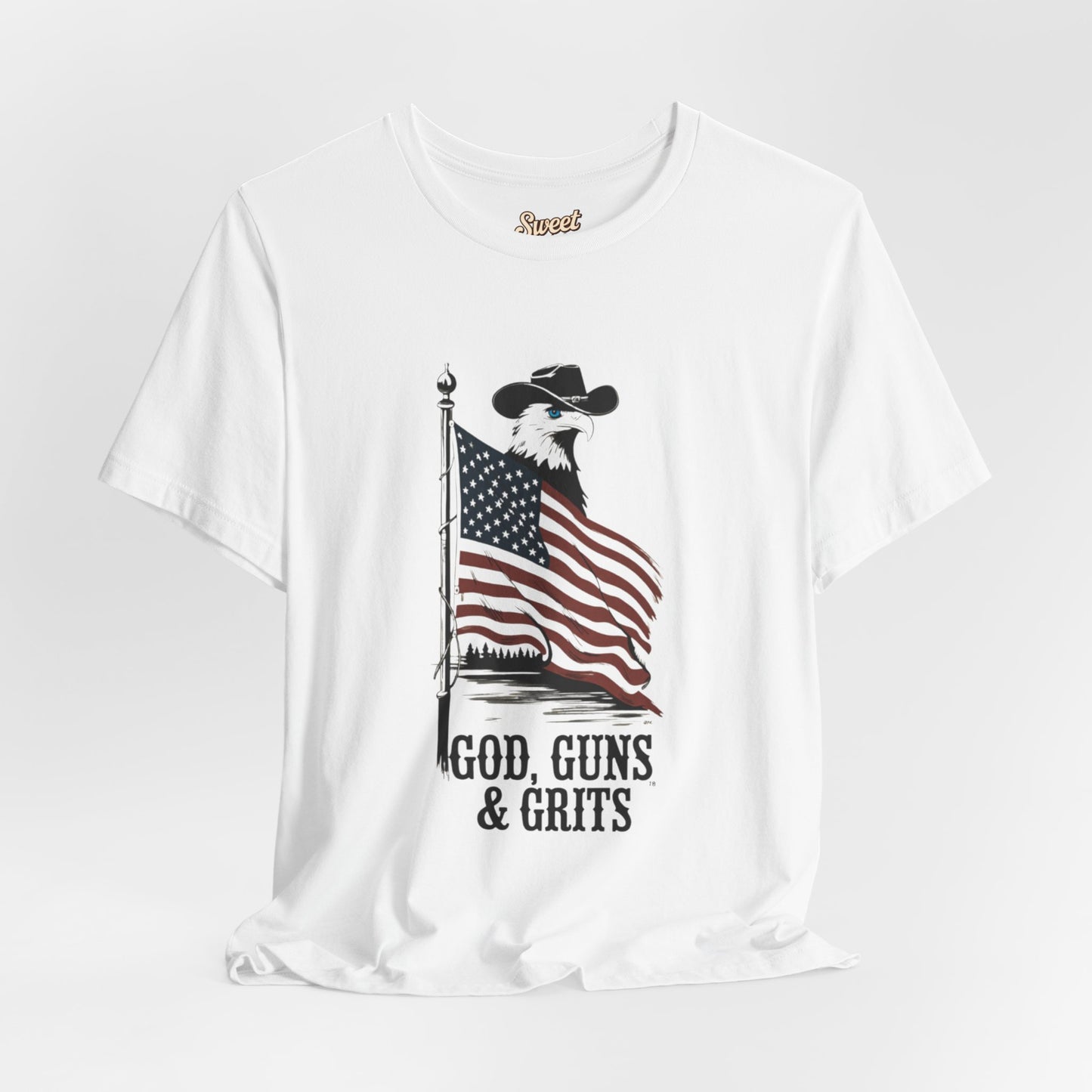 Patriotic Unisex Tee - "God, Guns & Grits" - Perfect for 4th of July and Outdoor Adventures