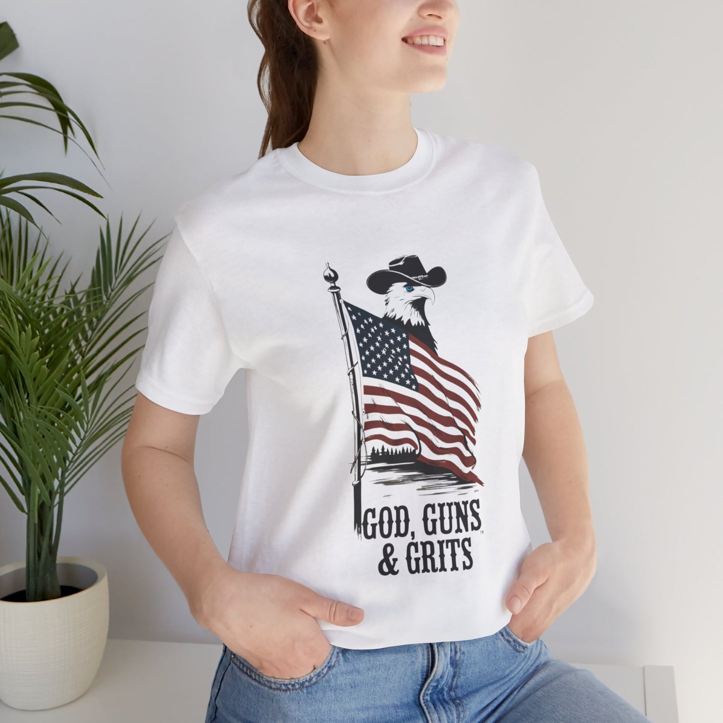 Patriotic Unisex Tee - "God, Guns & Grits" - Perfect for 4th of July and Outdoor Adventures