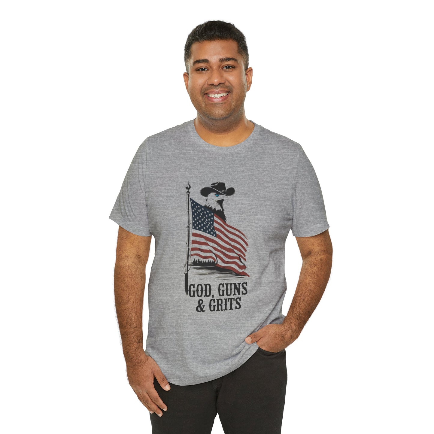 Patriotic Unisex Tee - "God, Guns & Grits" - Perfect for 4th of July and Outdoor Adventures