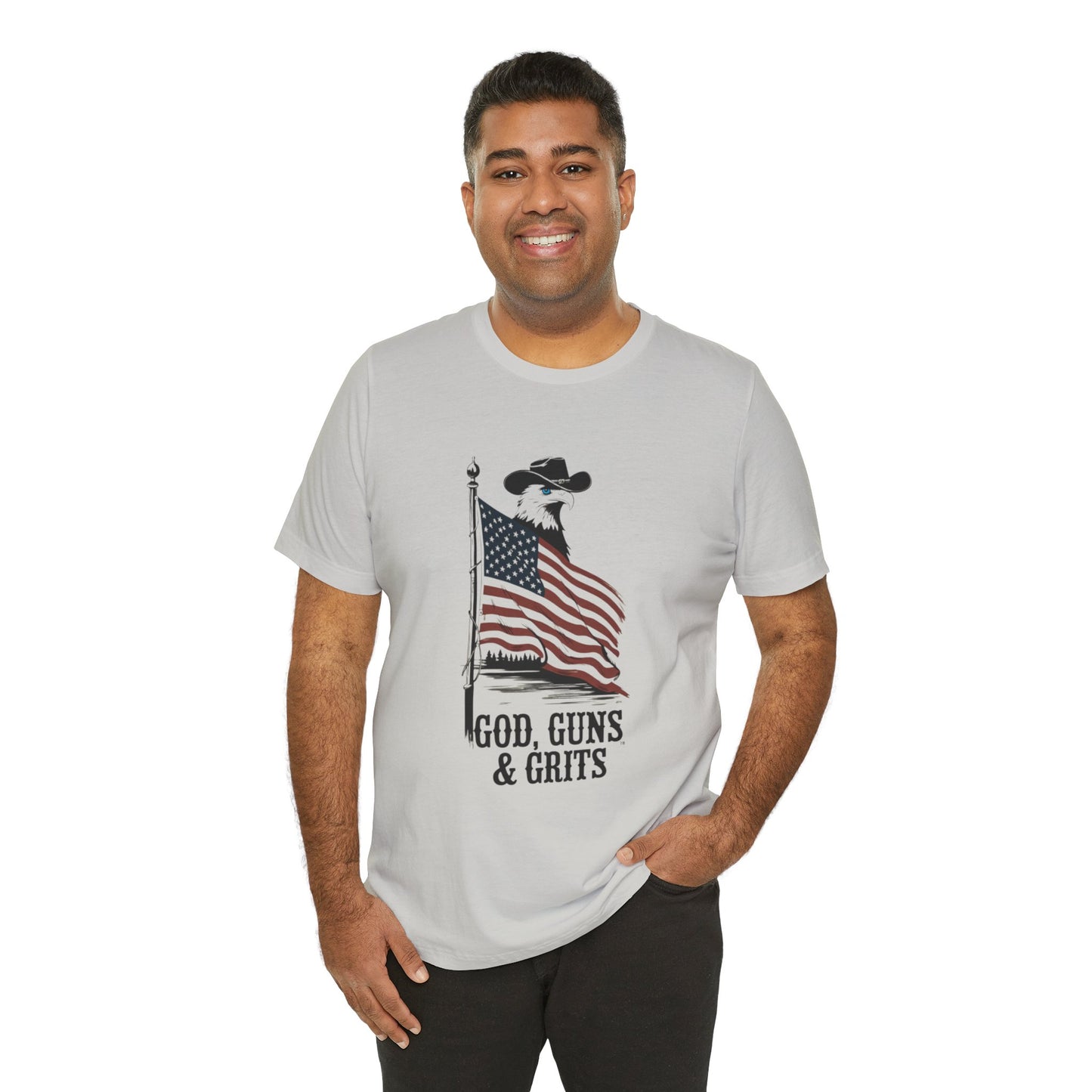 Patriotic Unisex Tee - "God, Guns & Grits" - Perfect for 4th of July and Outdoor Adventures