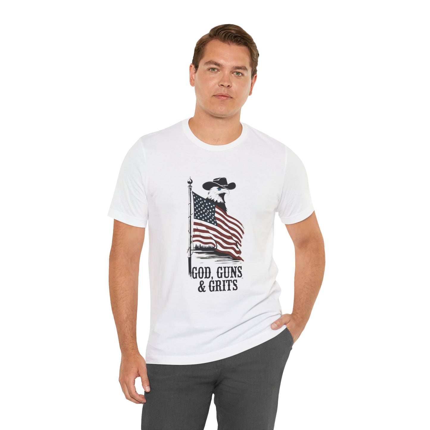 Patriotic Unisex Tee - "God, Guns & Grits" - Perfect for 4th of July and Outdoor Adventures