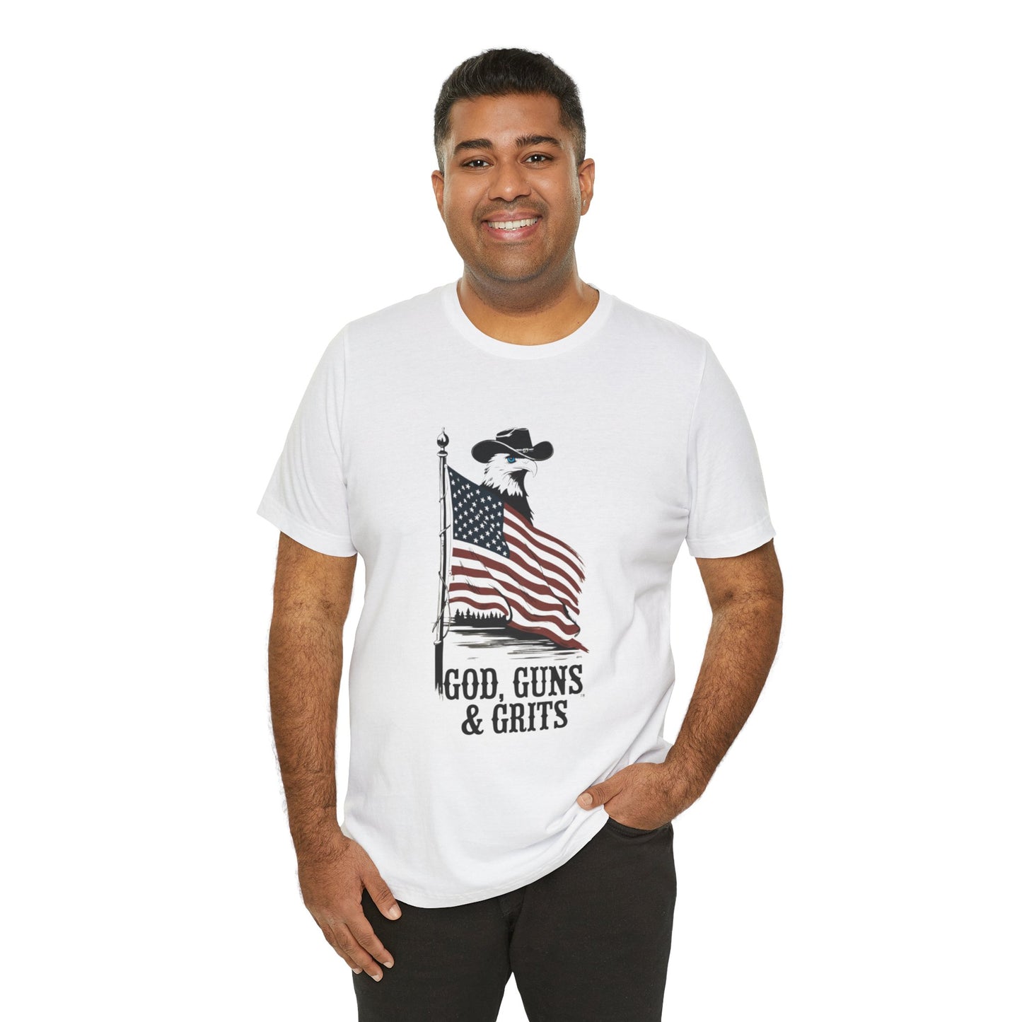 Patriotic Unisex Tee - "God, Guns & Grits" - Perfect for 4th of July and Outdoor Adventures