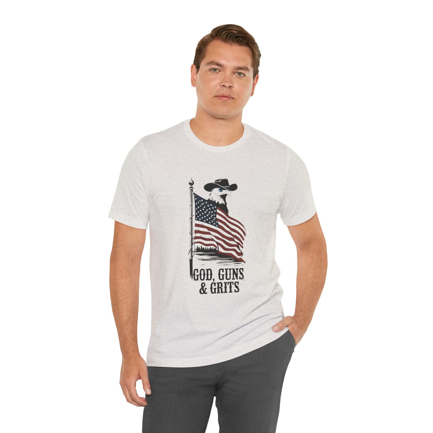 Patriotic Unisex Tee - "God, Guns & Grits" - Perfect for 4th of July and Outdoor Adventures