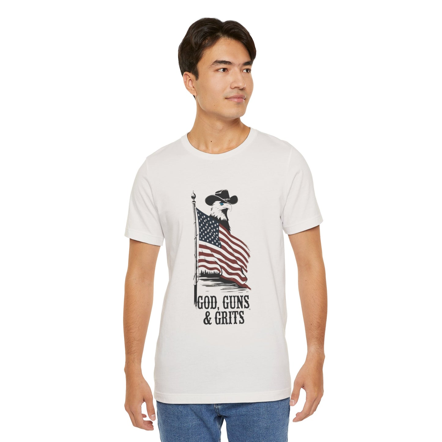 Patriotic Unisex Tee - "God, Guns & Grits" - Perfect for 4th of July and Outdoor Adventures