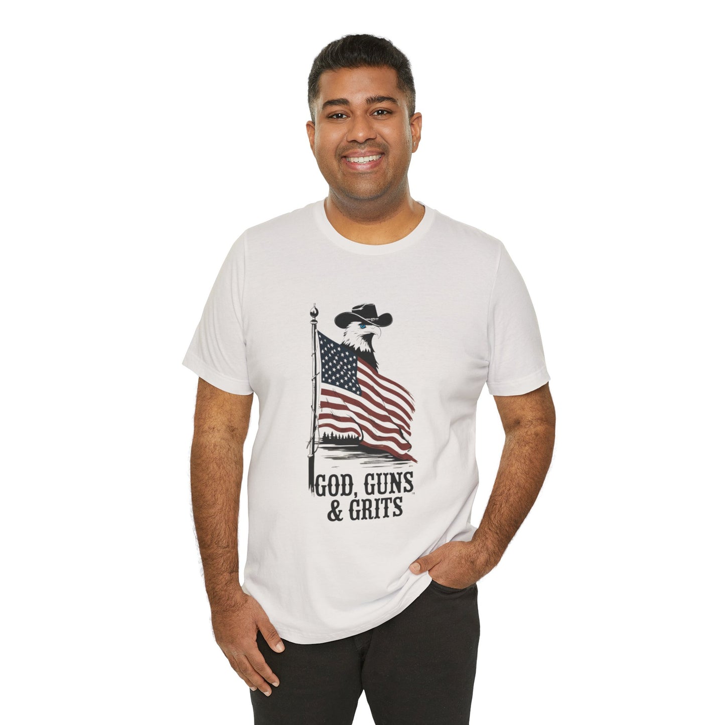 Patriotic Unisex Tee - "God, Guns & Grits" - Perfect for 4th of July and Outdoor Adventures