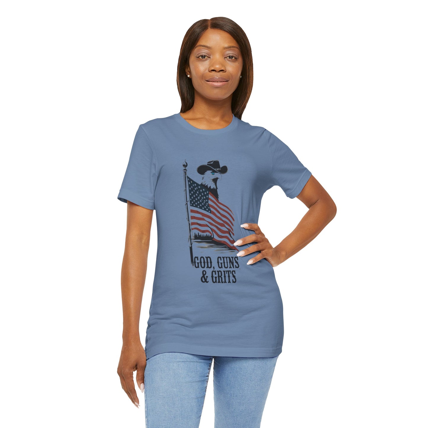 Patriotic Unisex Tee - "God, Guns & Grits" - Perfect for 4th of July and Outdoor Adventures