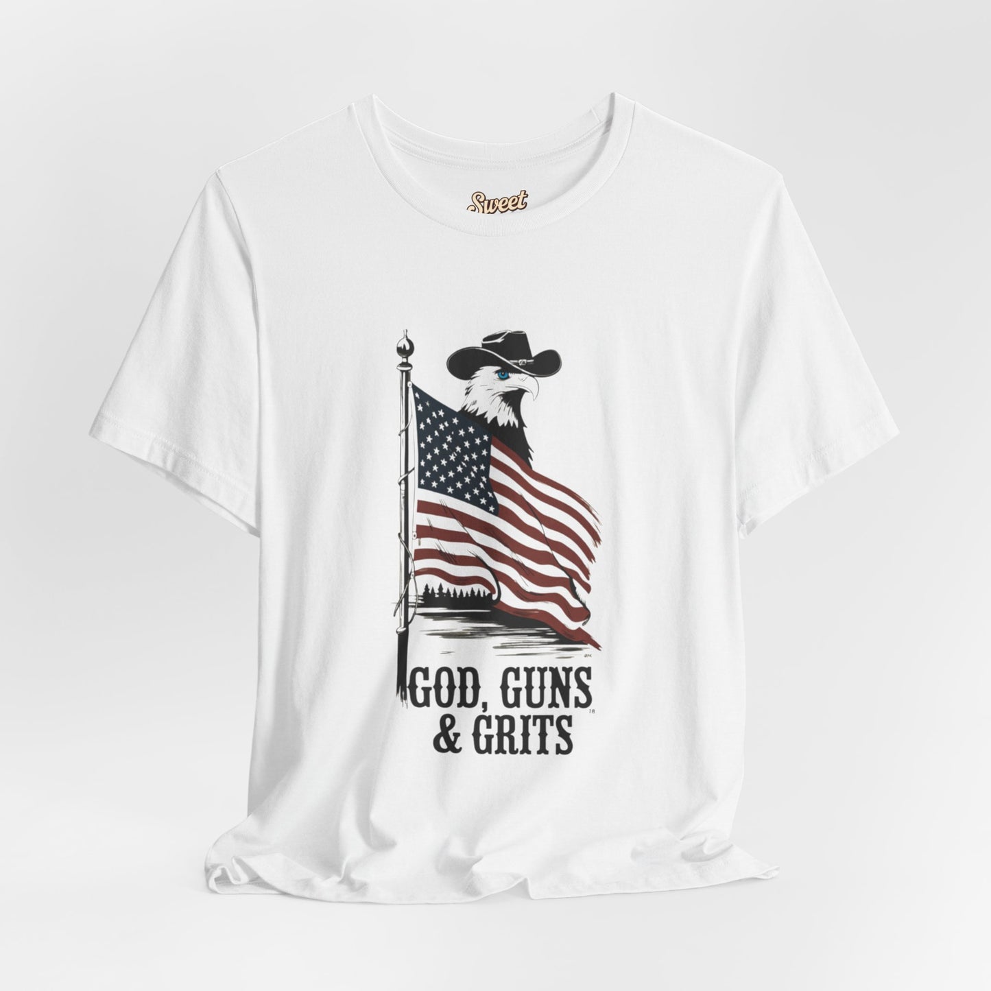 Patriotic Unisex Tee - "God, Guns & Grits" - Perfect for 4th of July and Outdoor Adventures