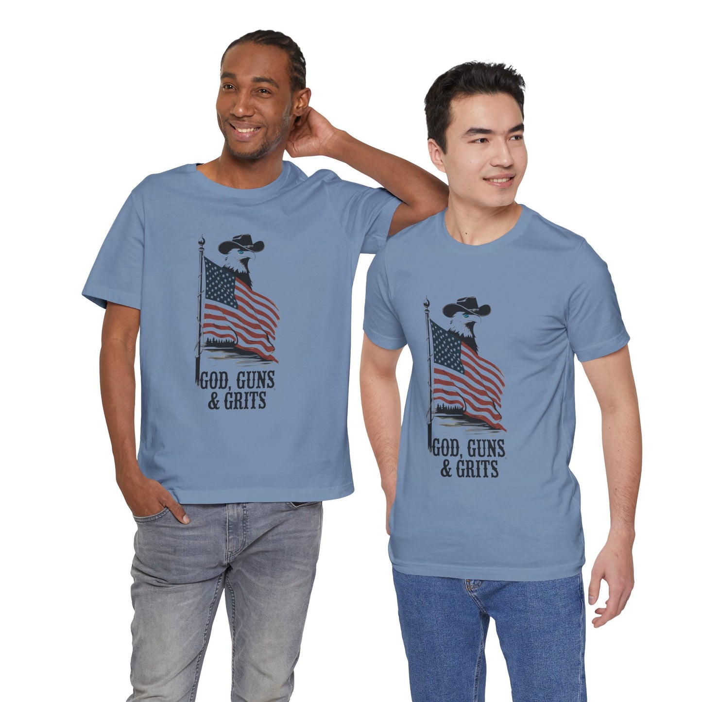 Patriotic Unisex Tee - "God, Guns & Grits" - Perfect for 4th of July and Outdoor Adventures