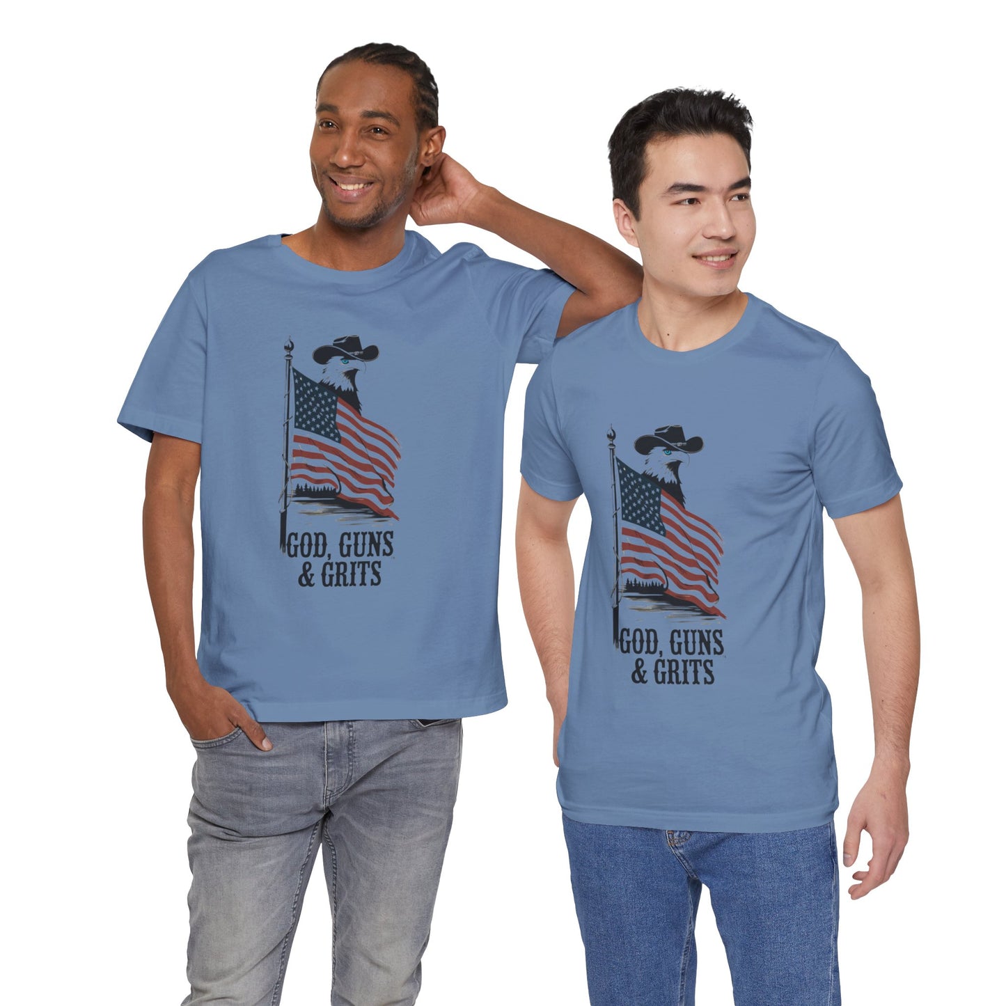 Patriotic Unisex Tee - "God, Guns & Grits" - Perfect for 4th of July and Outdoor Adventures