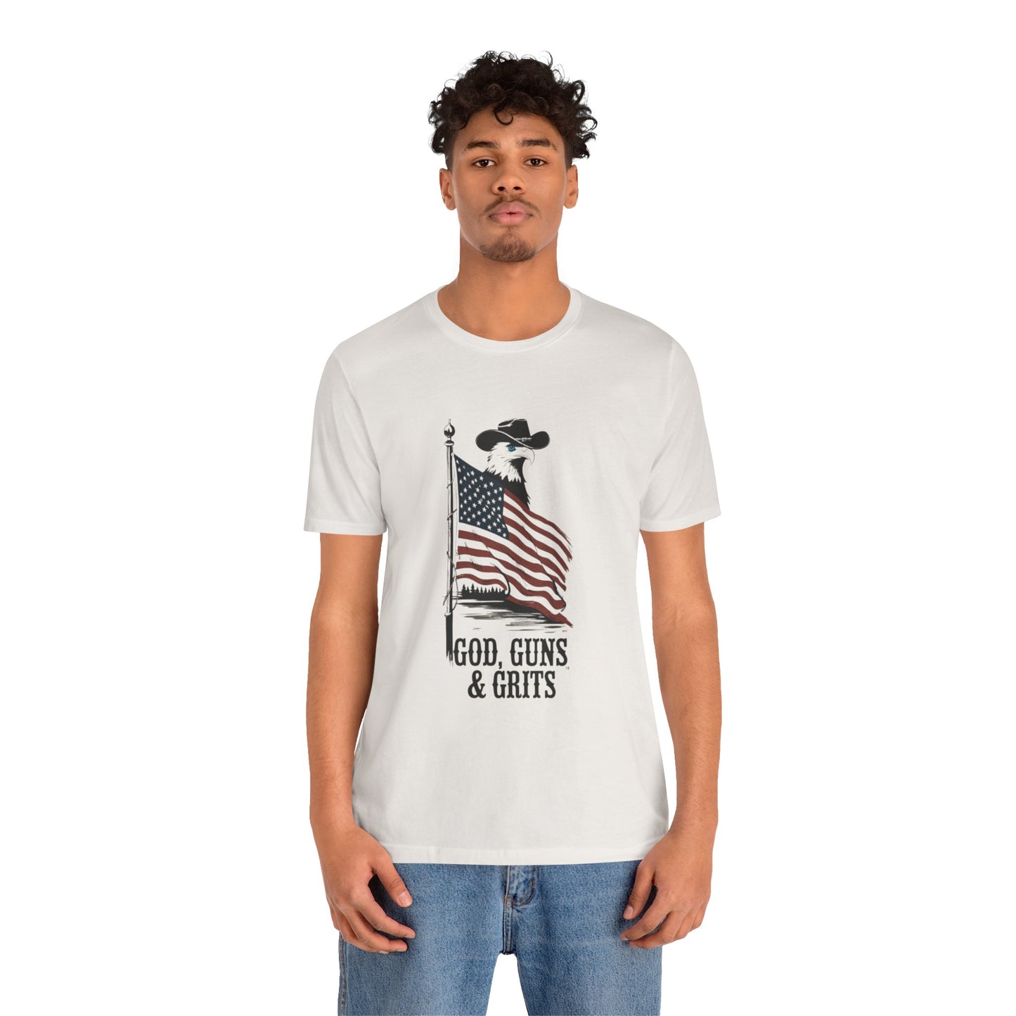 Patriotic Unisex Tee - "God, Guns & Grits" - Perfect for 4th of July and Outdoor Adventures