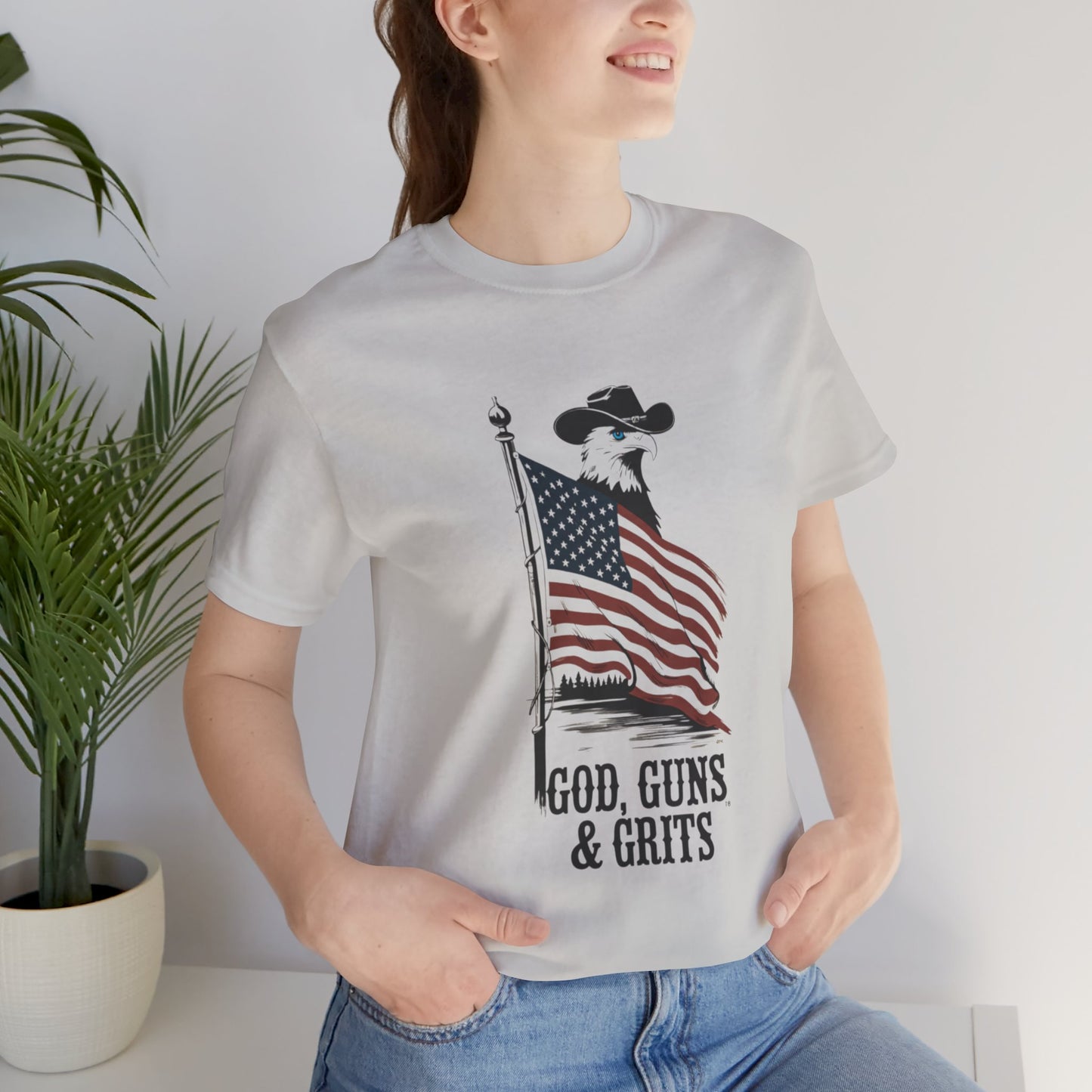 Patriotic Unisex Tee - "God, Guns & Grits" - Perfect for 4th of July and Outdoor Adventures